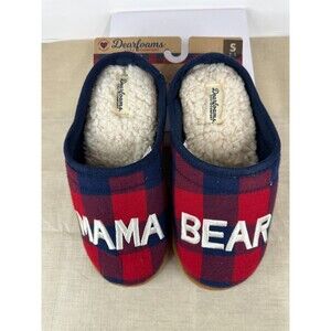 Dearfoams NWT Women's Red Black Plaid SMALL 5-6 Mama Bear Slippers
